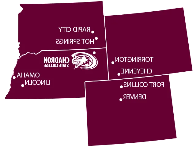 内布拉斯加州, South Dakota, Wyoming, and Colorado state outlines with Chadron marked